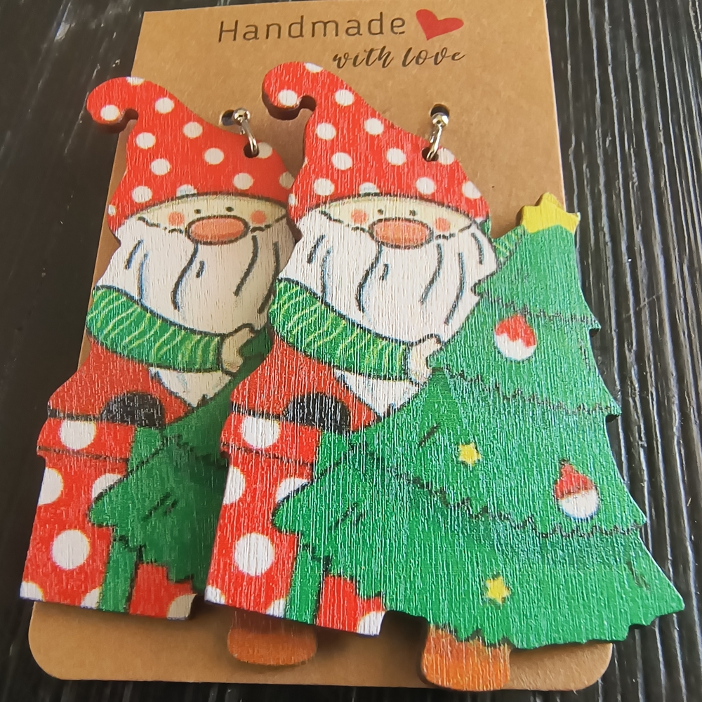 Hand Crafted Festive Santa and Tree Earrings - Red and Green